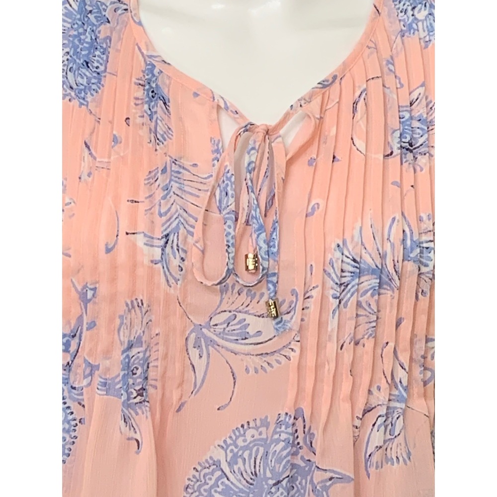 Tommy Hilfiger Peach Blue Floral Paisley Chiffon Pintuck Blouse XS TP/XP - Picture 2 of 9